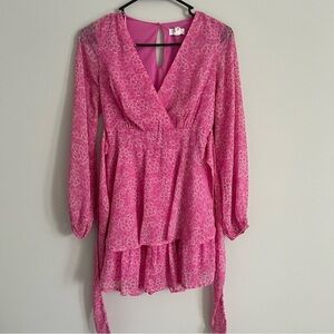 Japna Long Sleeve V-Neck Bubblegum Pink Floral Dress 🌸💖